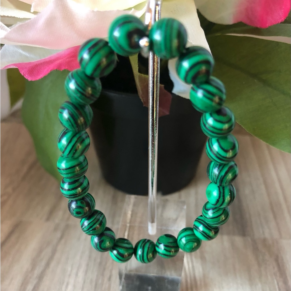 Malachite Pattern Beads Stretchable Synthetic Stone Bracelet 7" - 8mm Beads